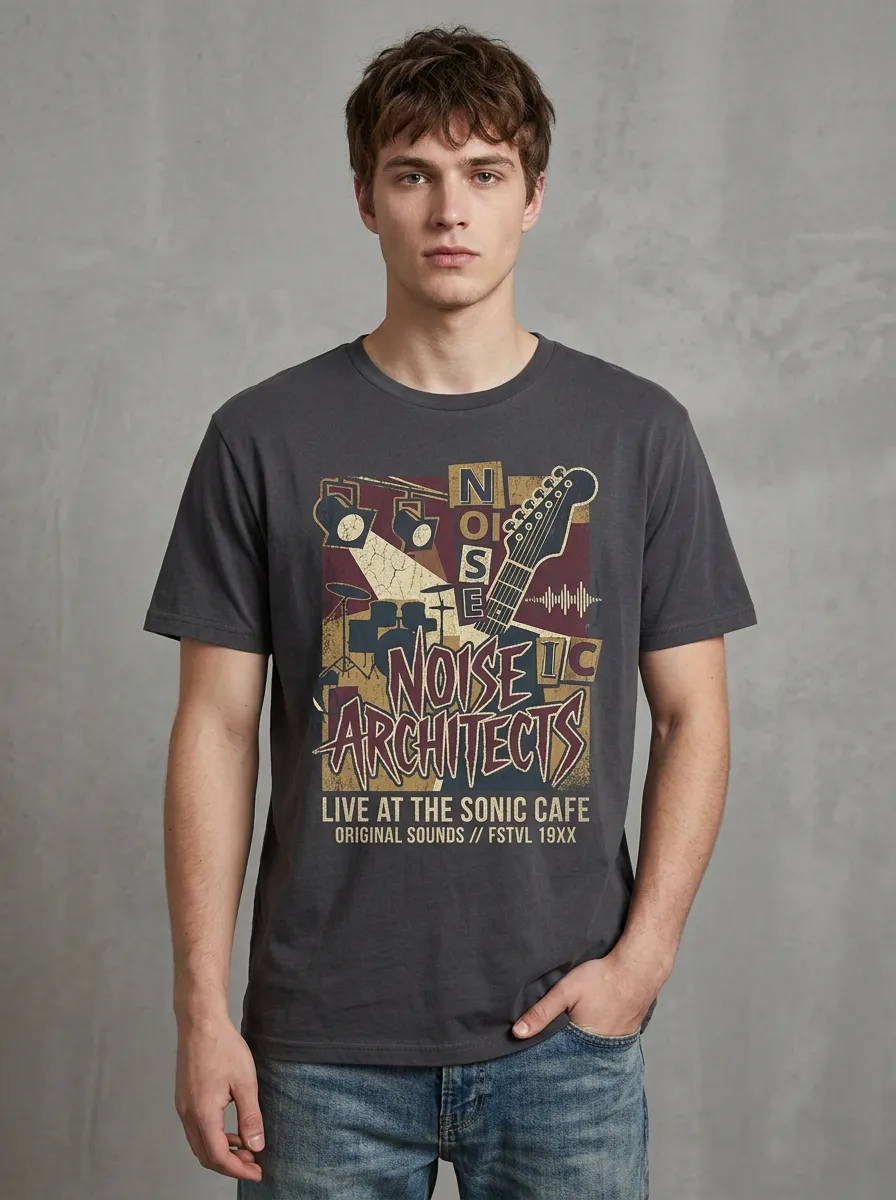 Men's Rock Band Noise Architects Guitar Drum Printed T-shirt