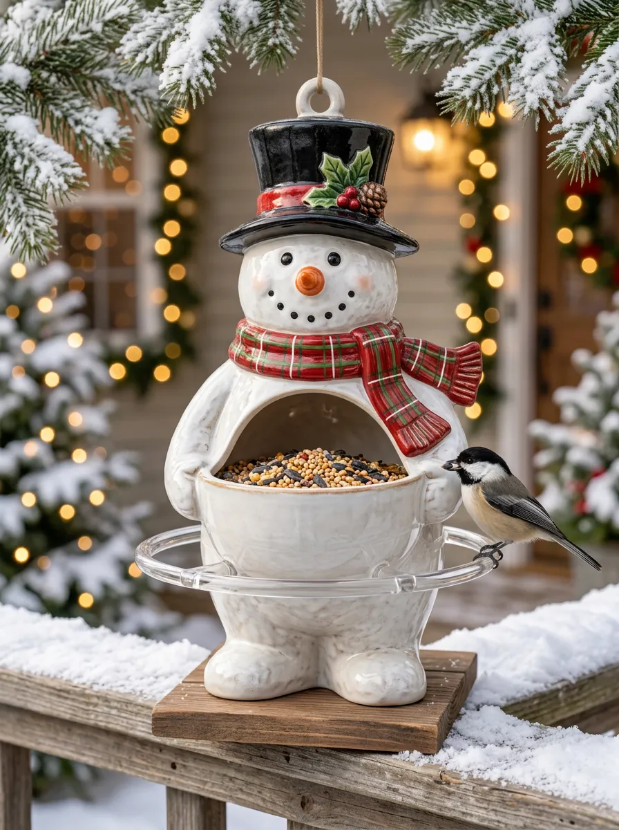 Snowman Top Hat Plaid Scarf Ceramic Christmas Bird Feeder