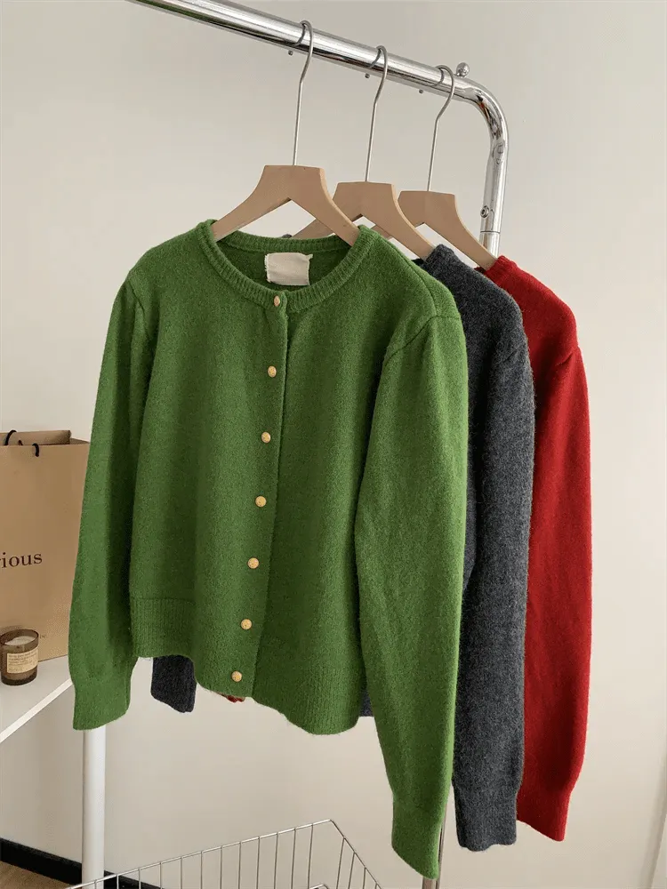 Classic Wool Button-Front Round-Neck Cardigan