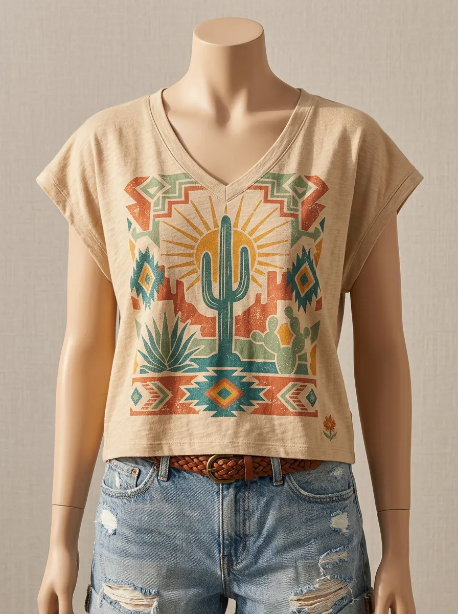 Women's Desert Cactus Boho Sun Printed V-neck T-shirt