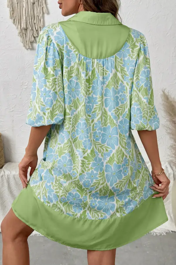 Floral Mixed Panel Collared Mini Dress