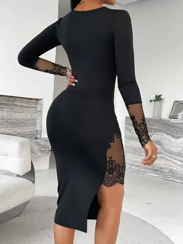 Lace Detail Square Neck Slit Midi Dress