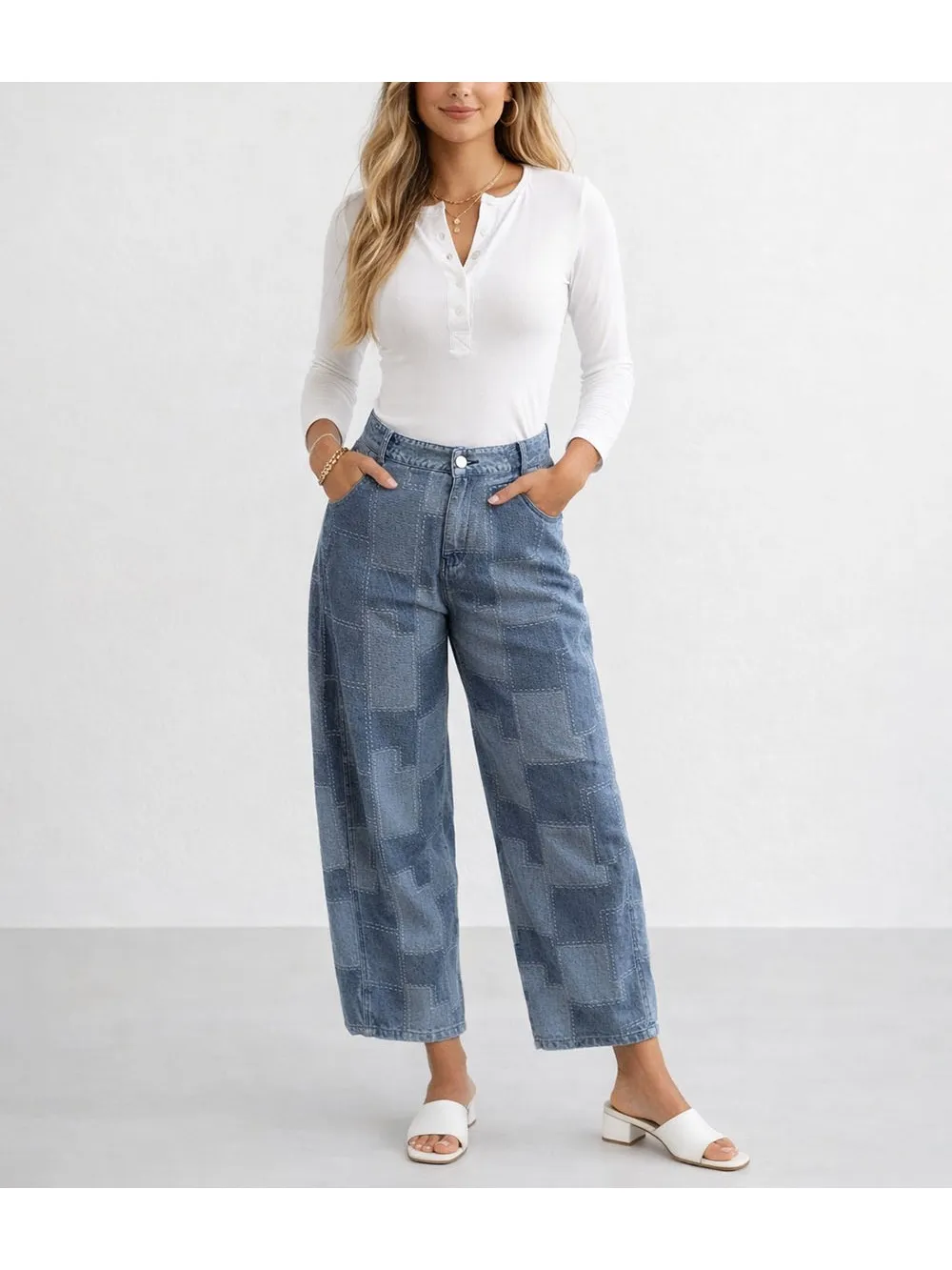 Patch Pattern Button Front Barrel Leg Denim Pants
