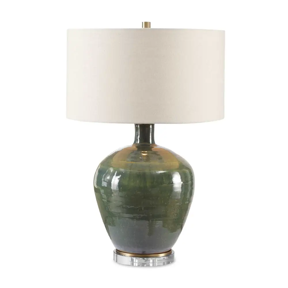 Glazed Distressed Drum Shade Ceramic Crystal Table Lamp