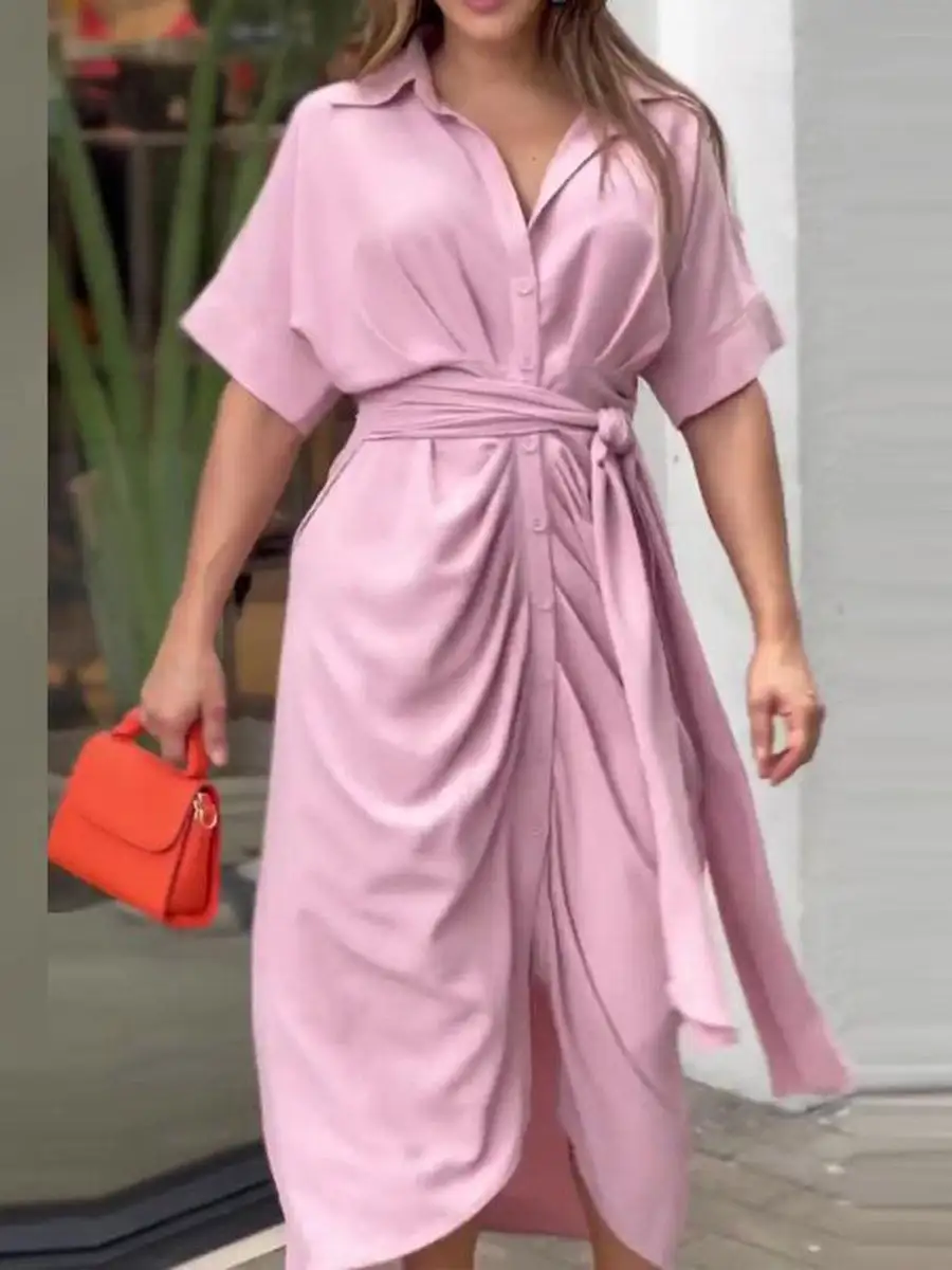 Elasticated Pleated Buttoned Shirt Maxi Dress
