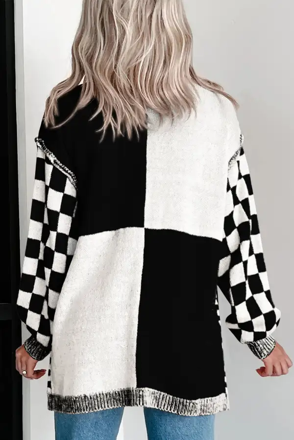 Checkered Open Front Drop Shoulder Cardigan