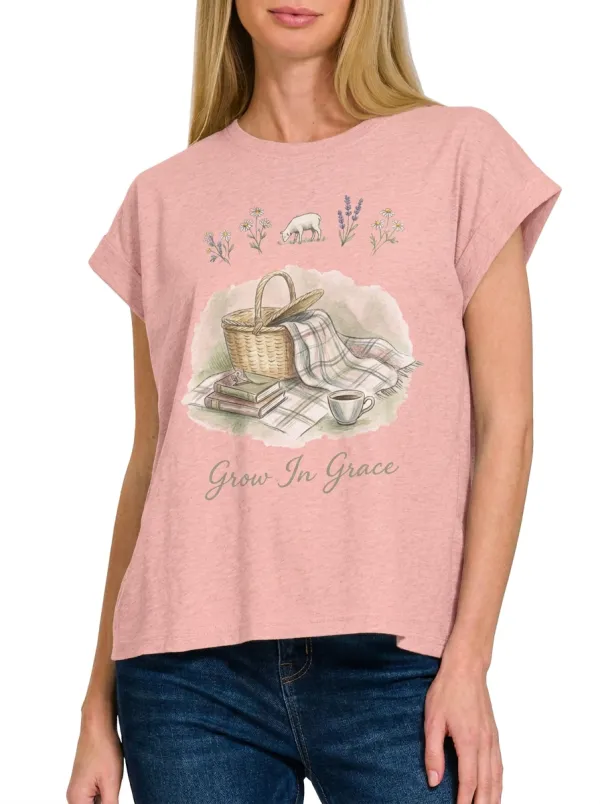 Women's Cottagecore Picnic Lamb Grow In Grace Printed T-shirt