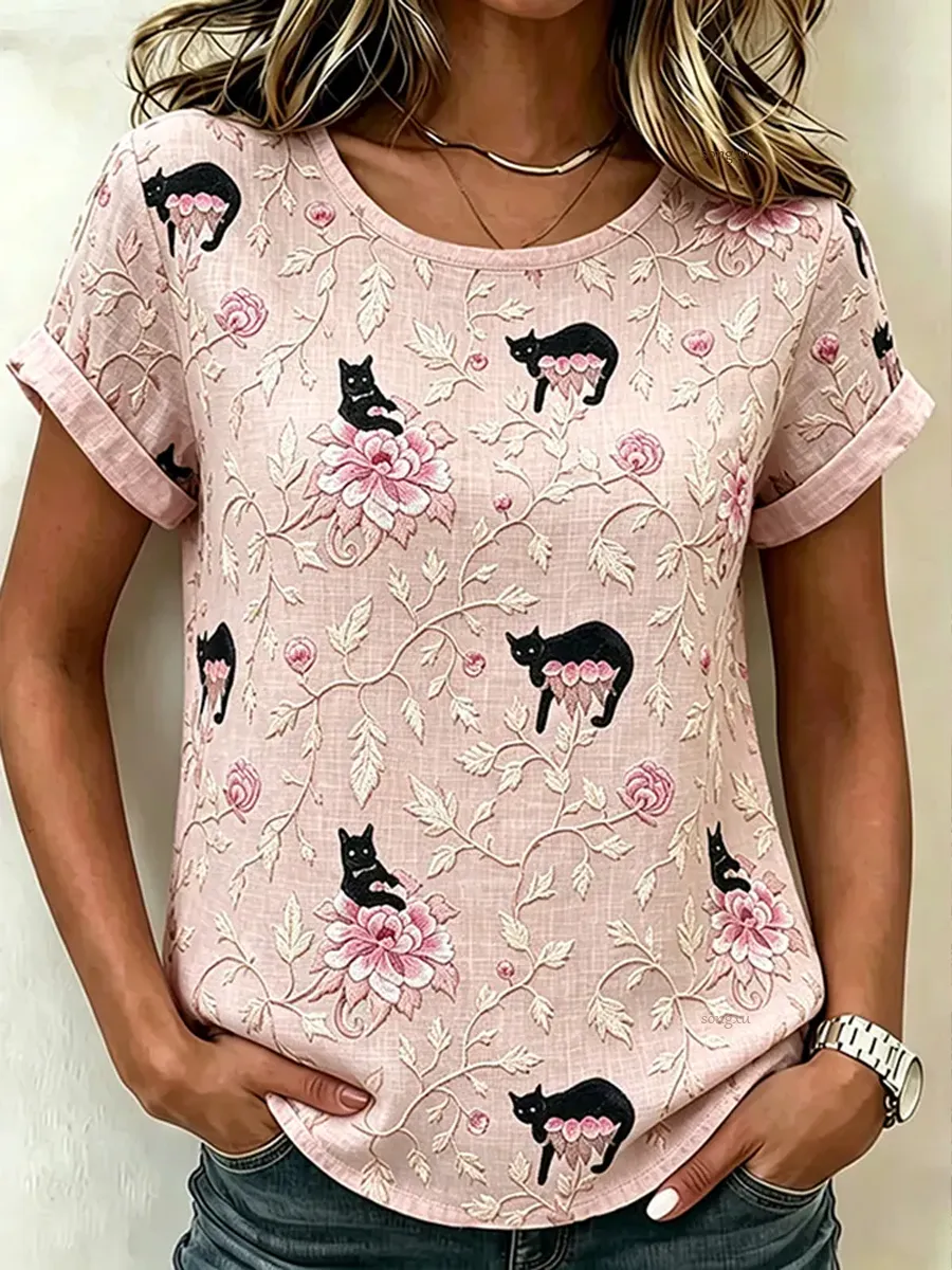 Women'S Casual Floral Cat Embroidered Printed Top