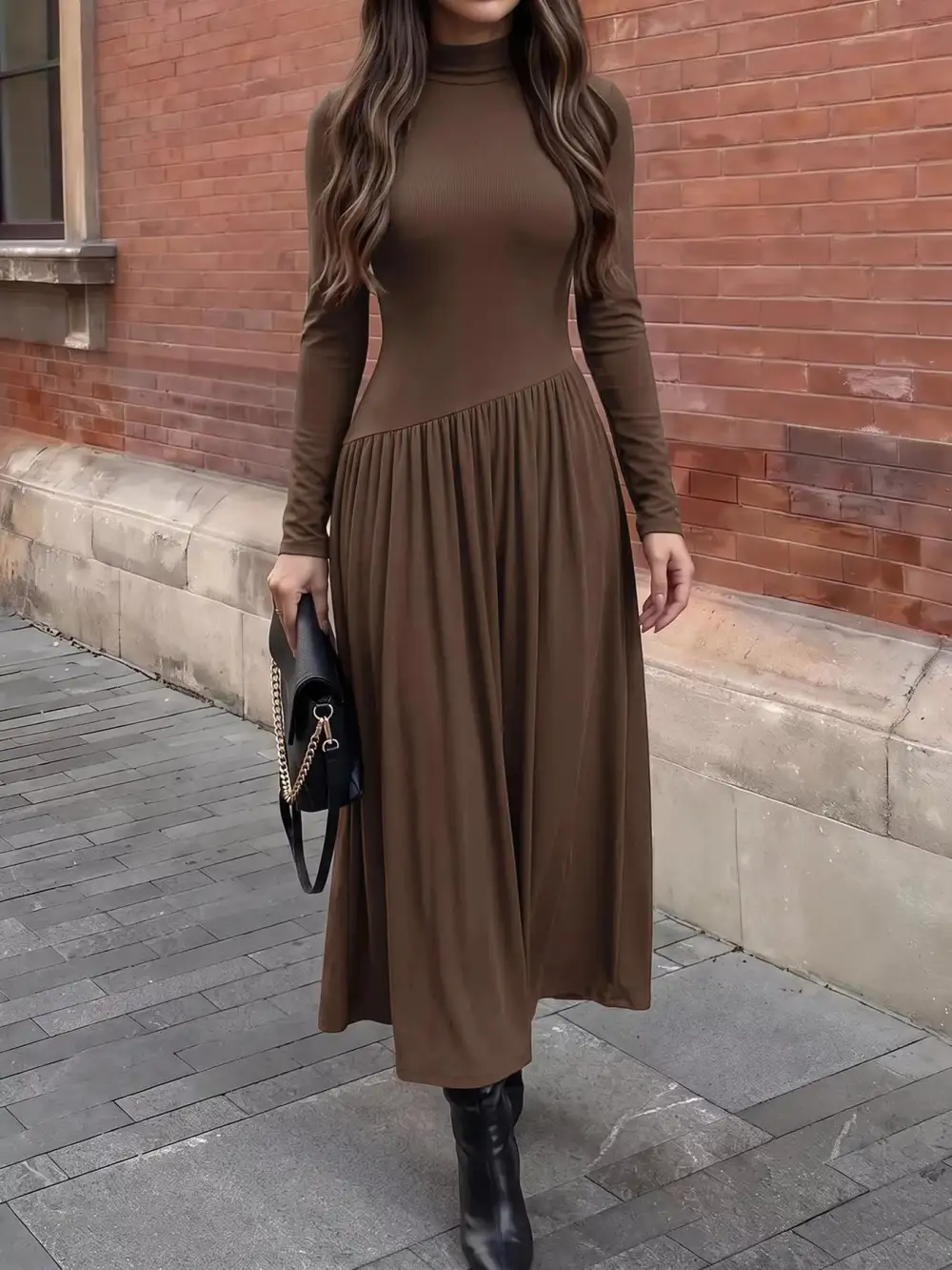 Mock Neck Long Sleeve Midi Dress