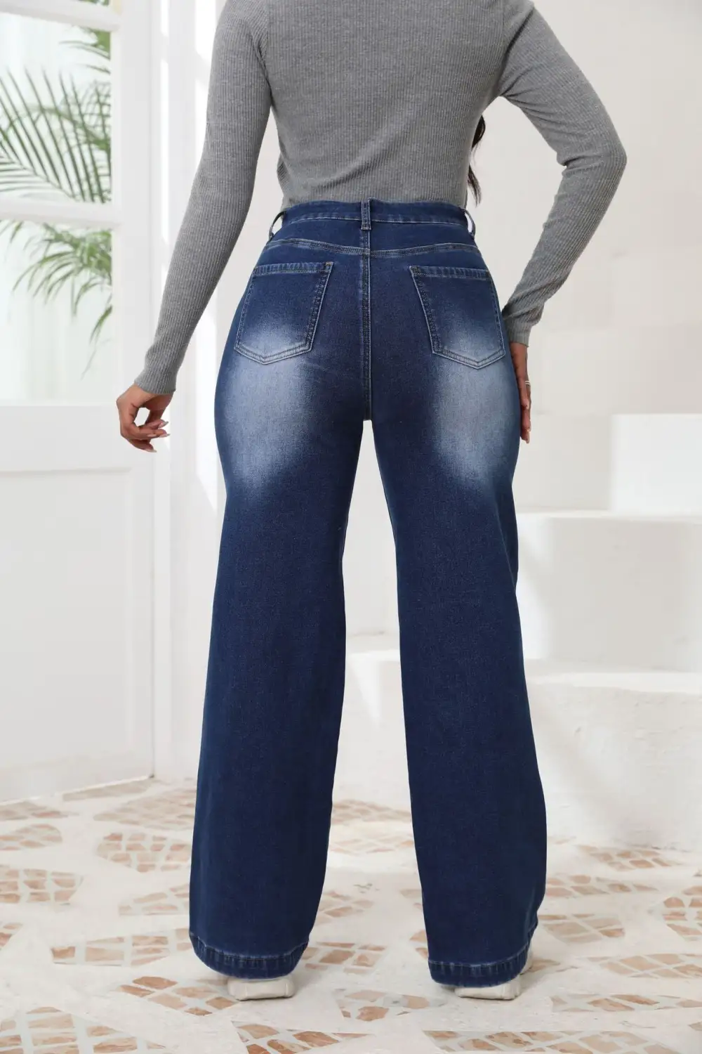 Fleece Lined High Waist Straight Wide Leg Jeans