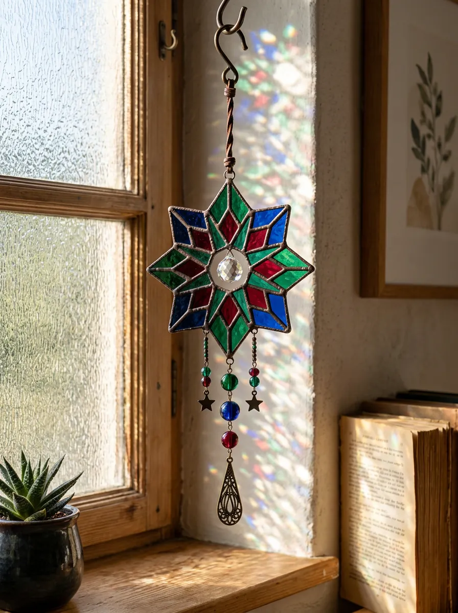 Stained Glass Star Geometric Crystal Suncatcher Hanging Ornament