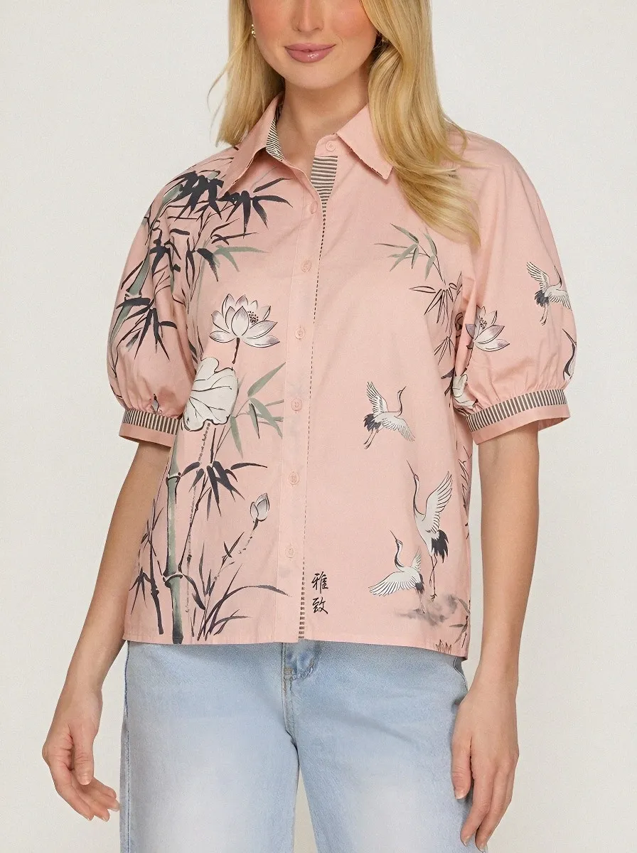 Women's Oriental Crane Bamboo Lotus Printed Button-up Shirt