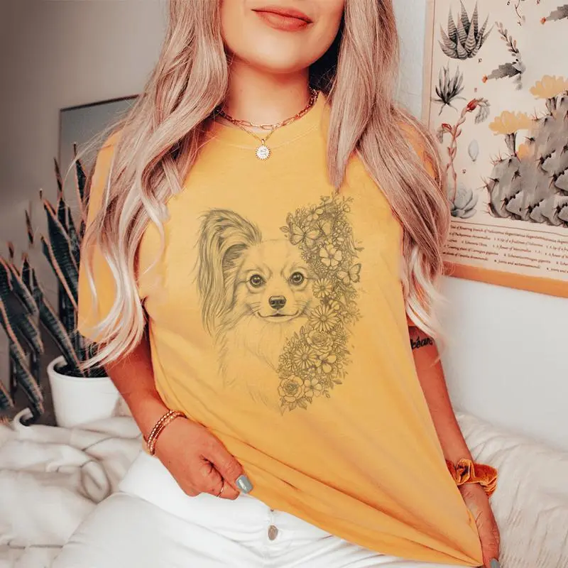 Floral Papillon Dog Flower And Butterflies For Women Women's Oversized Comfort T-shirt
