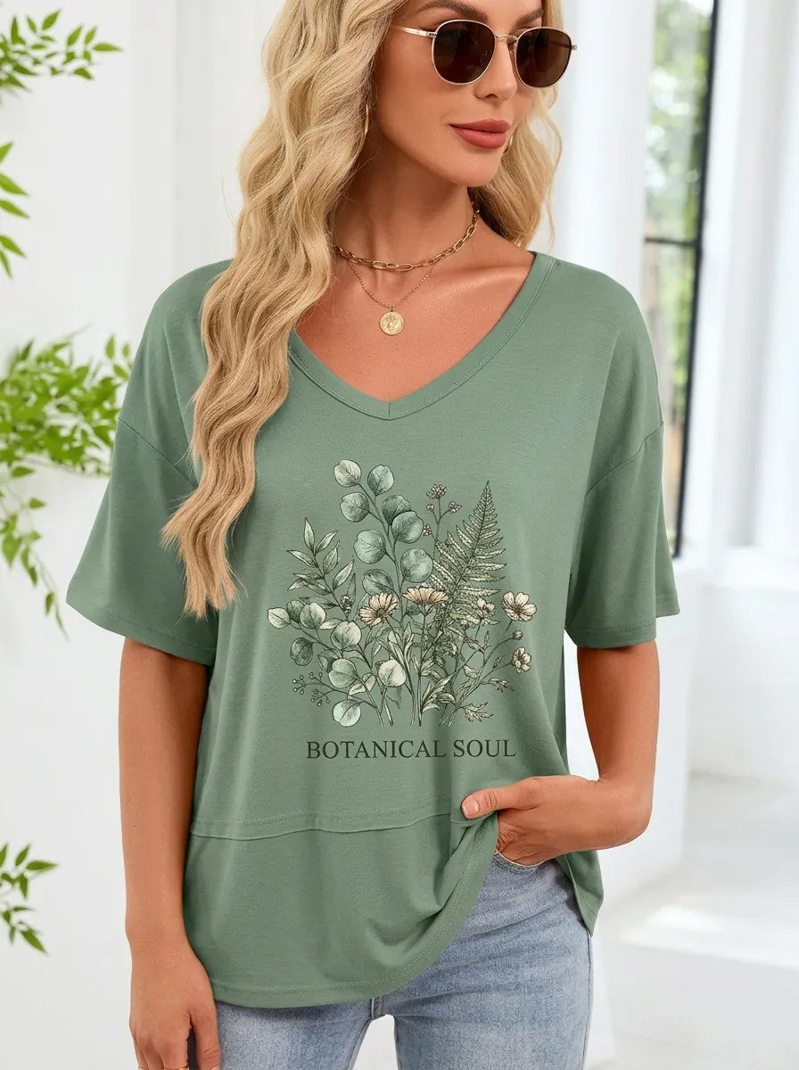 Women's Botanical Soul Nature Plant Printed V-neck T-shirt