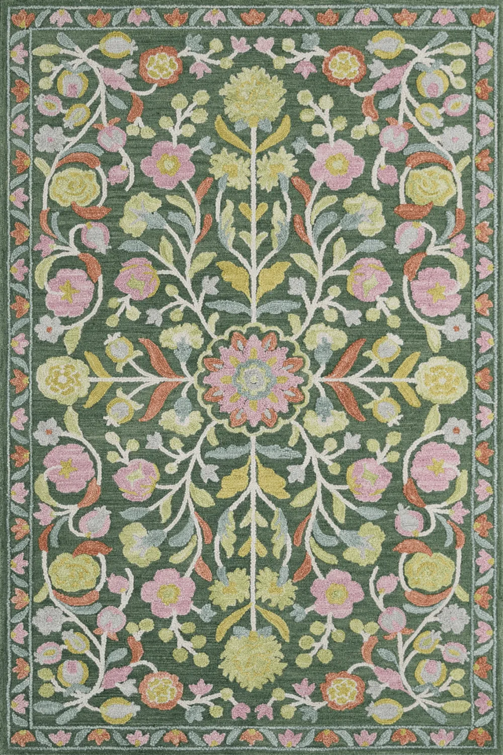 Crafted Botanical Bordered Wool Area Rug