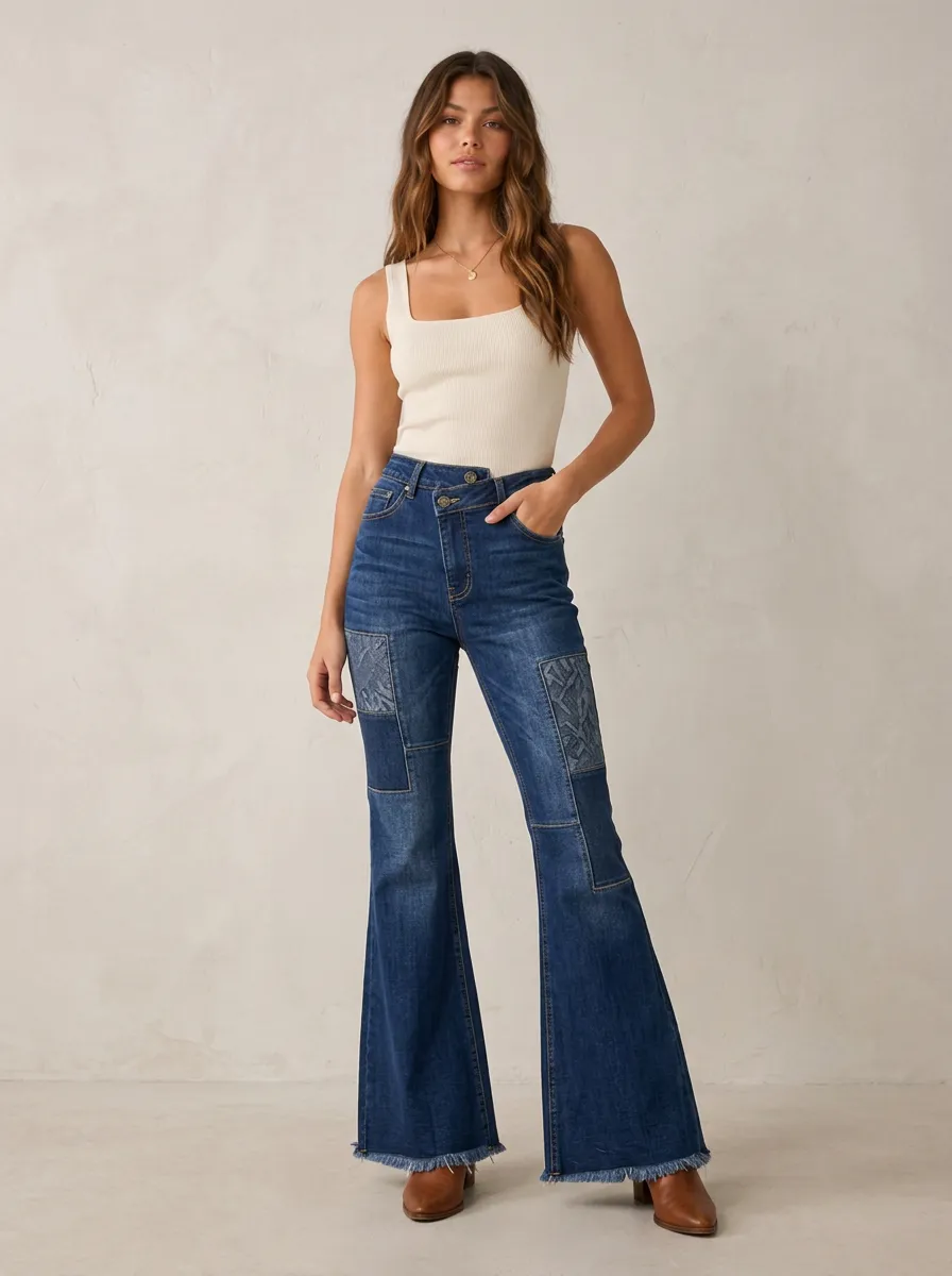 Women's Vintage Style Patchwork Frayed Hem Printed Jeans