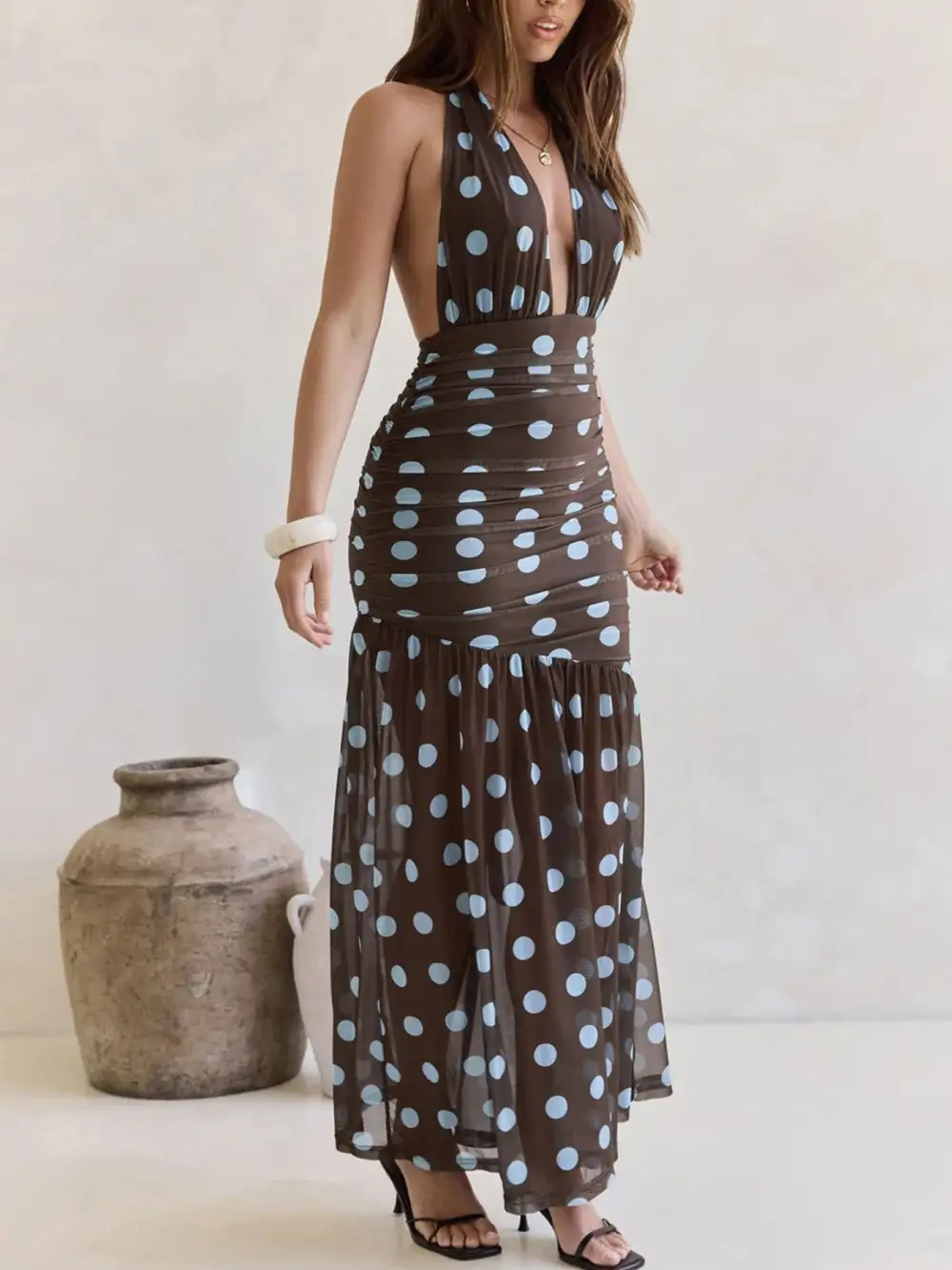 Ruched Halter Polka-Dot Maxi Dress