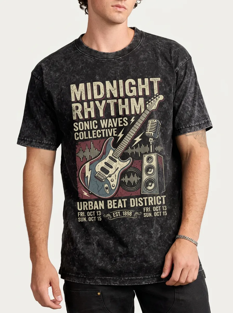 Men's Music Lover Electric Guitar Microphone Printed Acid Wash T-shirt