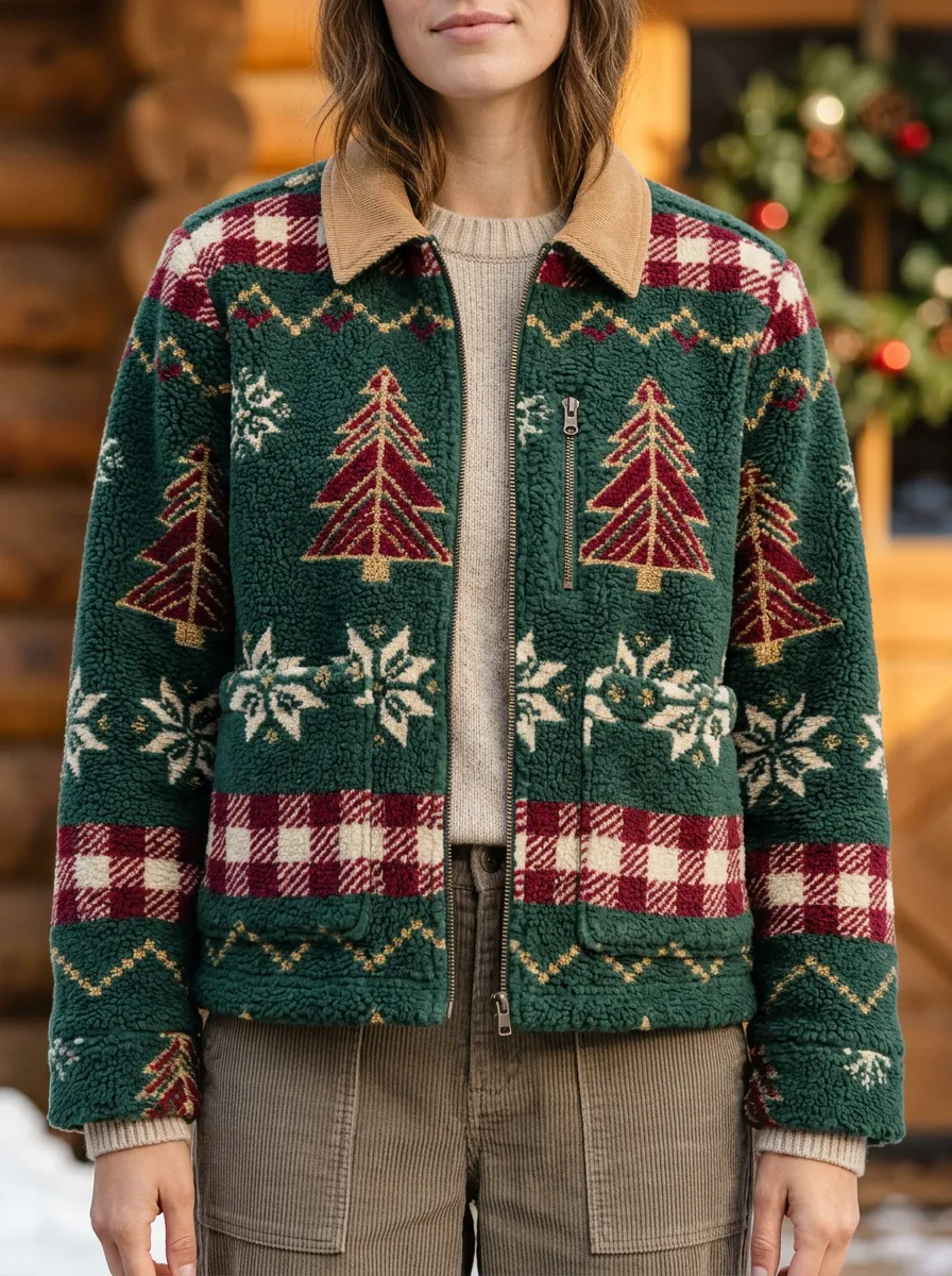 Christmas Holiday Tree Snowflake Plaid Print Sherpa Jacket