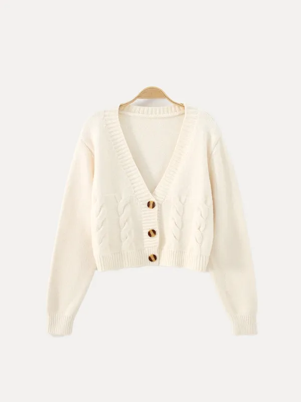 Buttoned V-Neck Knit Crop Sweater