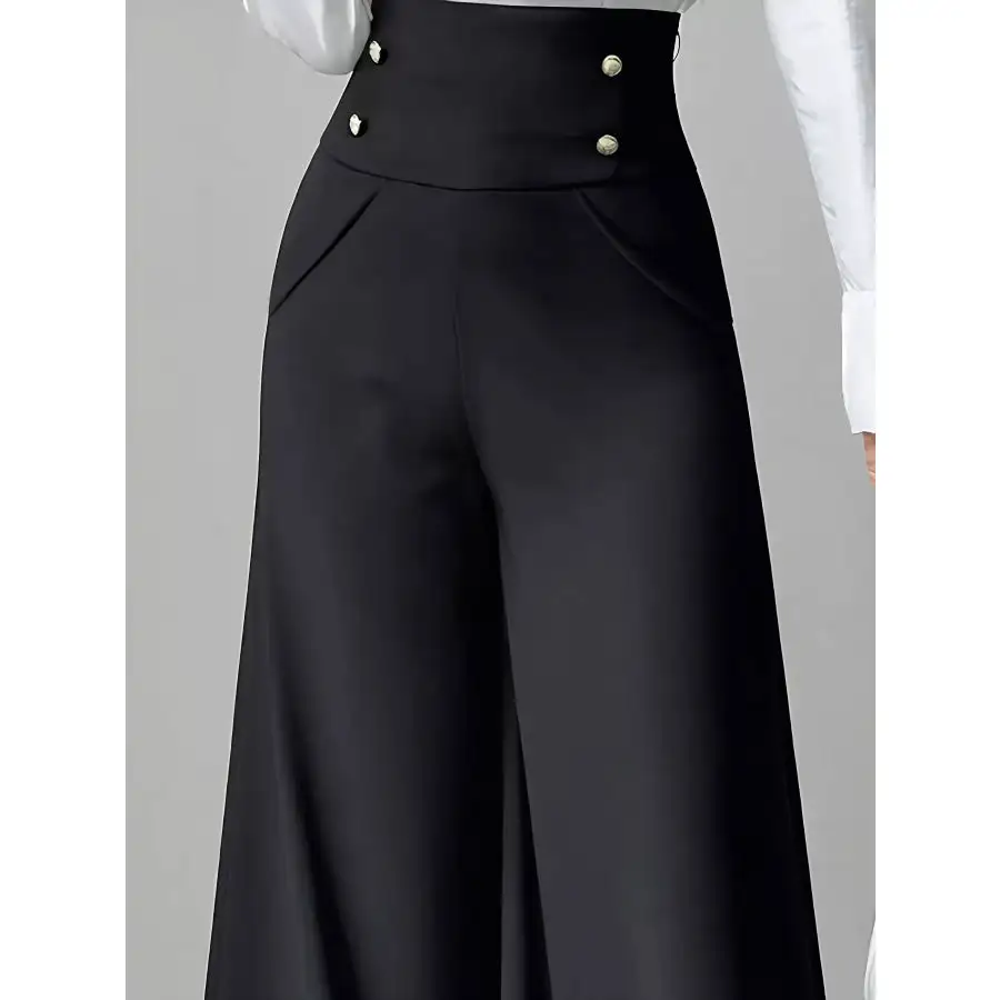 High Waist Wide Leg Button Decor Pants