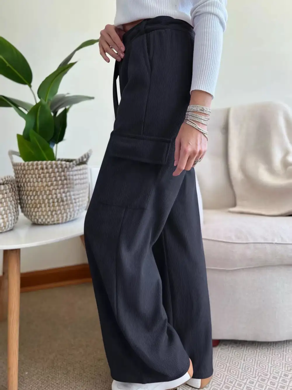 Wide Leg High Waist Elastic Waist Pocketed Pants