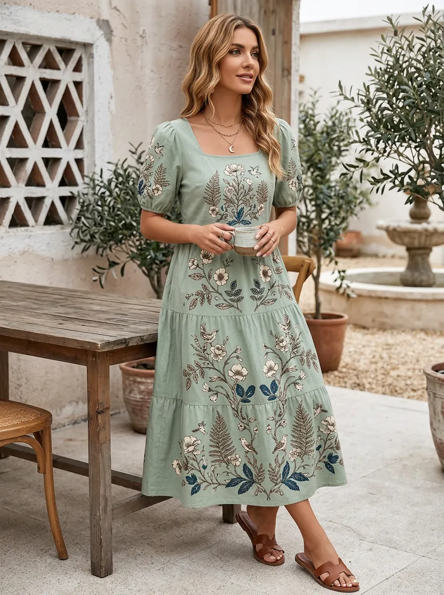 Women's Botanical Garden Floral Bird Printed Midi Dress