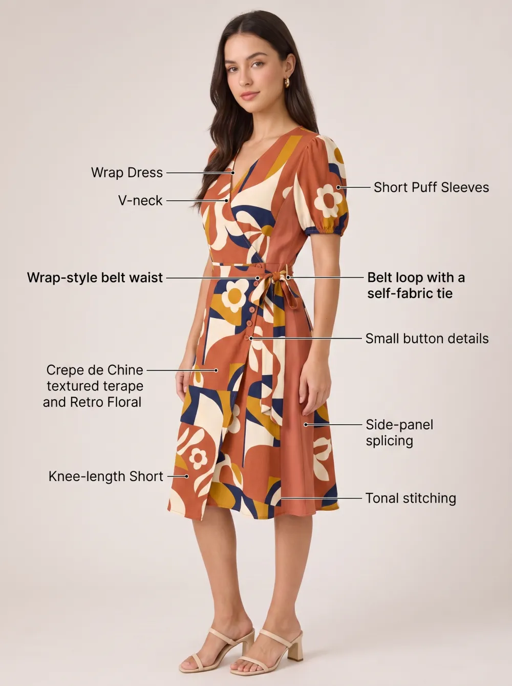 Women's Retro Floral Print V-neck Short Puff Sleeve Wrap Dress