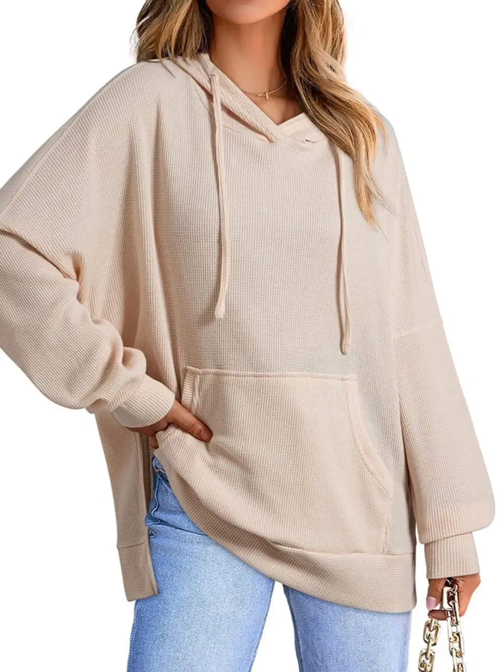 Tailored Drawstring Pocketed Waffle-Textured Knit Hoodie
