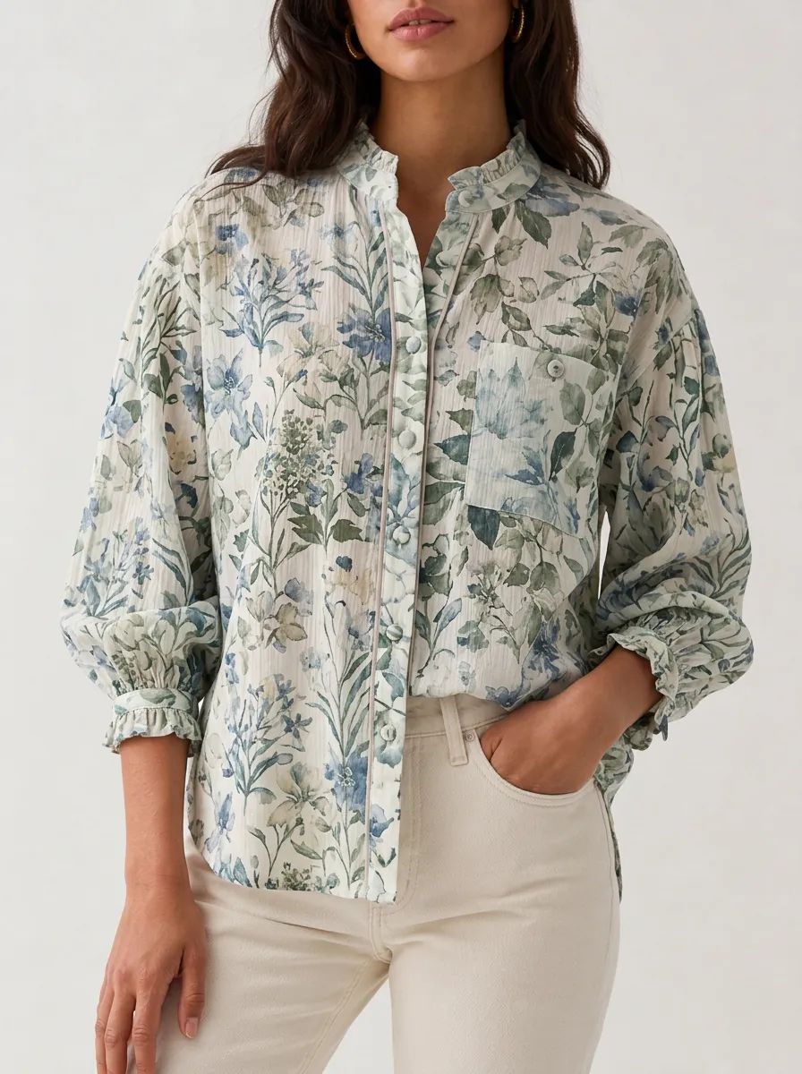 Women's Botanical Floral Garden Printed Ruffle Collar Blouse