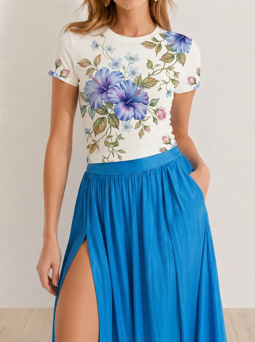 Women's Floral Lover Blue Hibiscus Rose Printed T-shirt