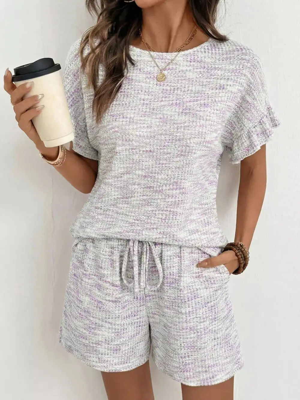 Ruffle Sleeve Textured Top Shorts Set