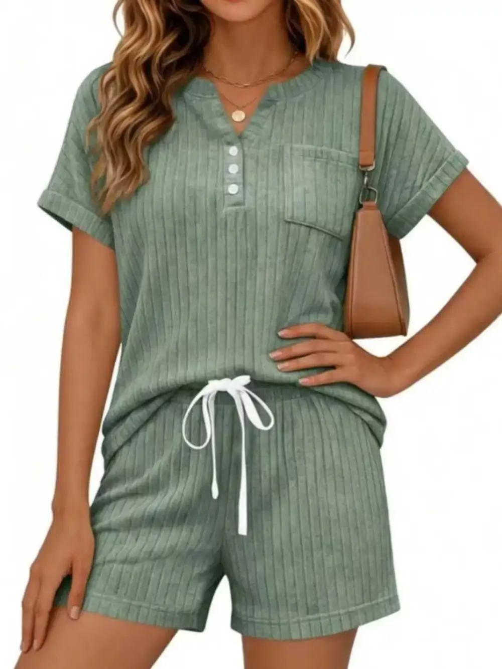 Casual Ribbed Knit Tee Shorts Set