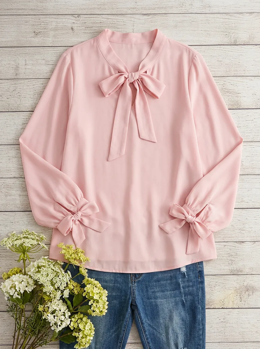 Women's Keyhole Neck Tie-neck Bow-detail Blouse