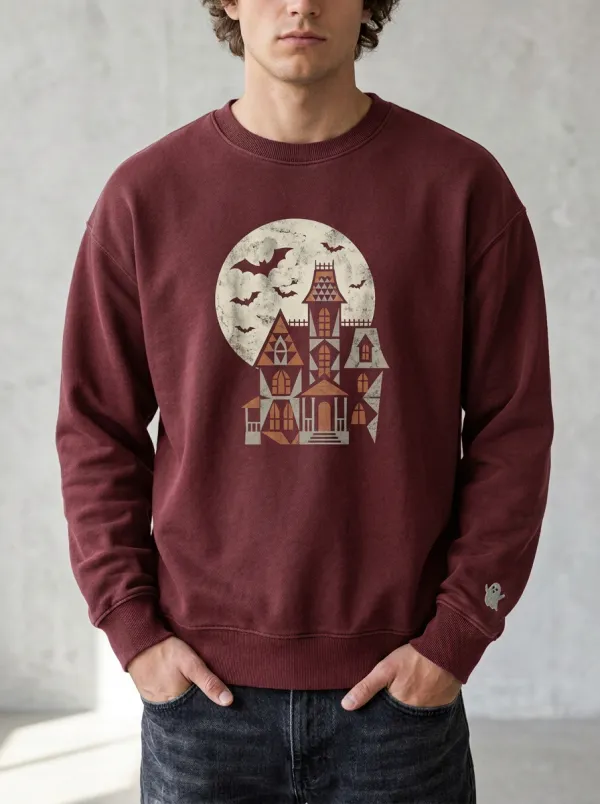 Men's Halloween Haunted House Moon Bats Sweatshirt