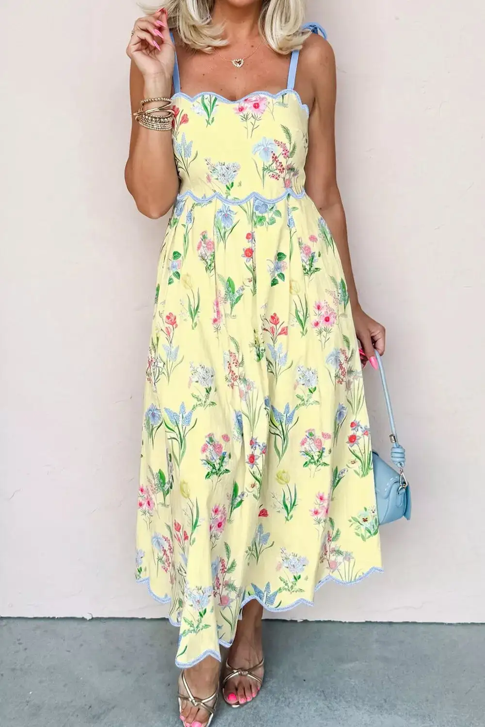 Contrast Contrast Trim Self-Tie Straps High Waist Midi Dress