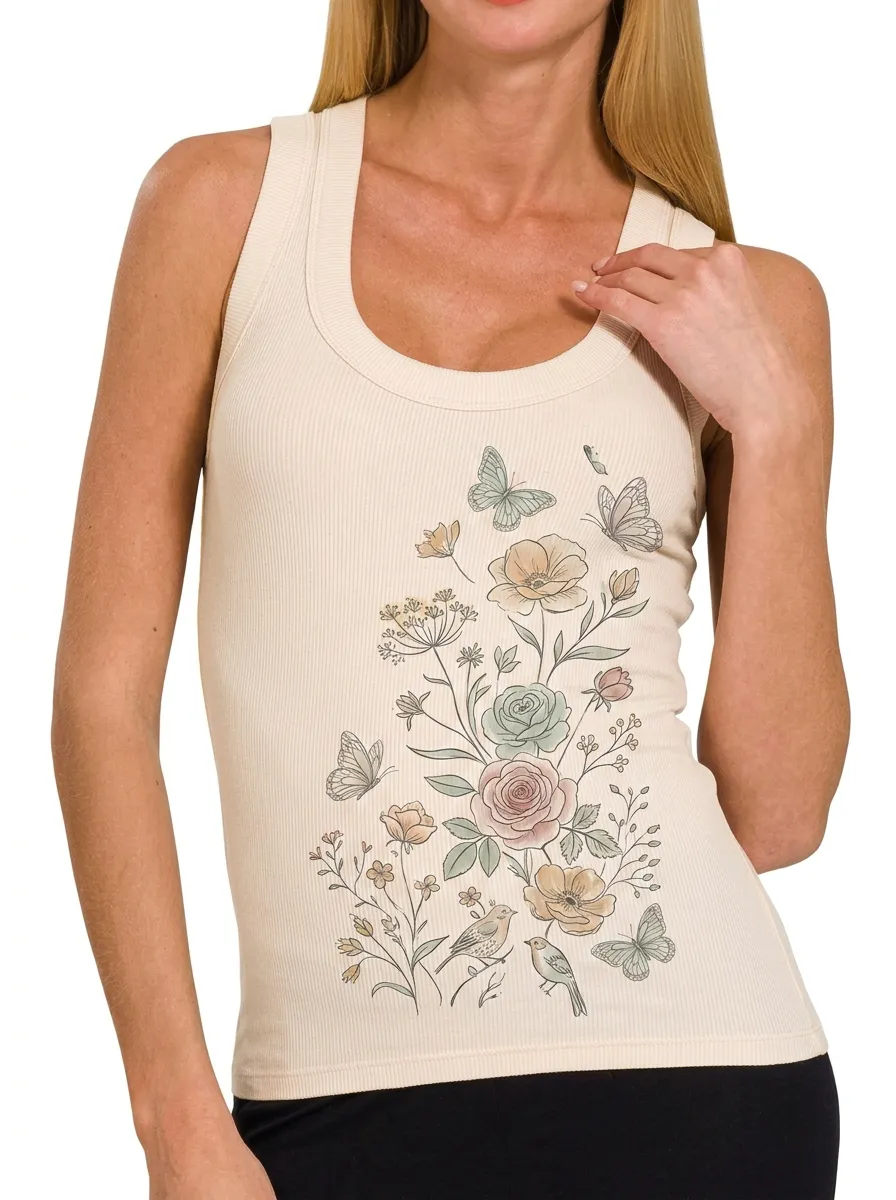 Women's Nature Lover Floral Butterfly Bird Printed Tank Top