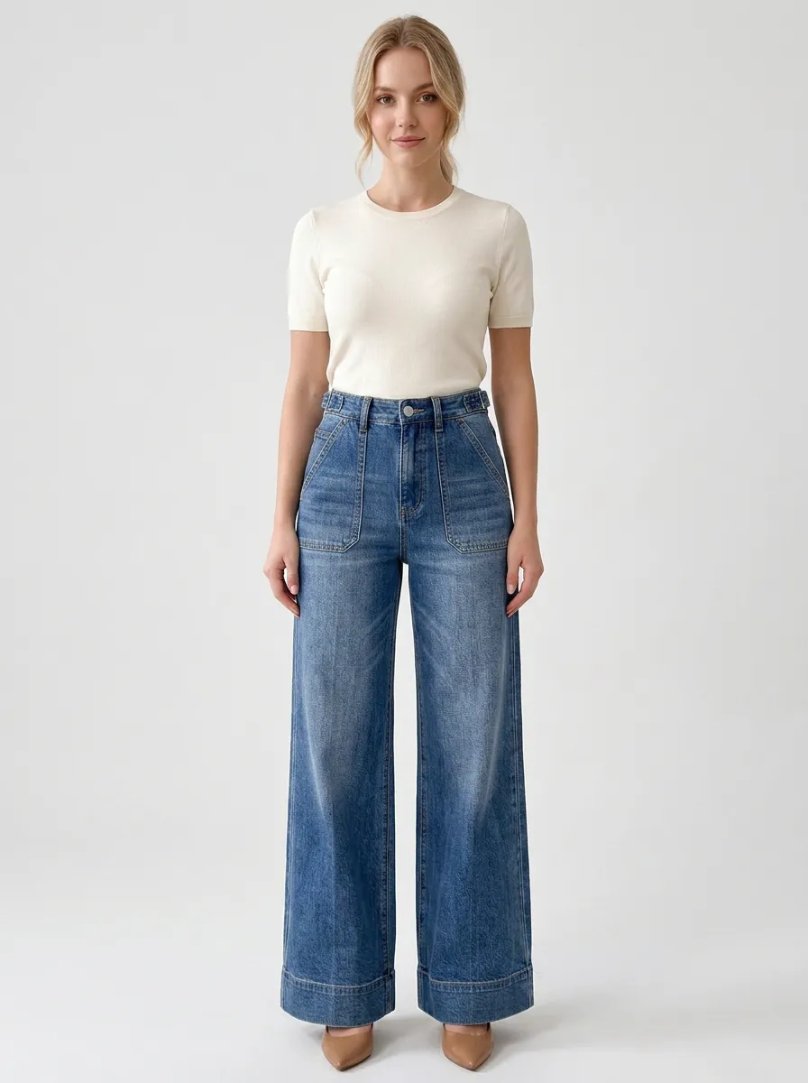 Women's Casual Fashion High-Waisted Wide Leg Denim Jeans