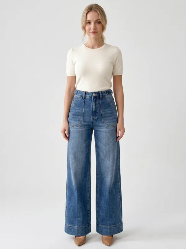 Women's Casual Fashion High-Waisted Wide Leg Denim Jeans