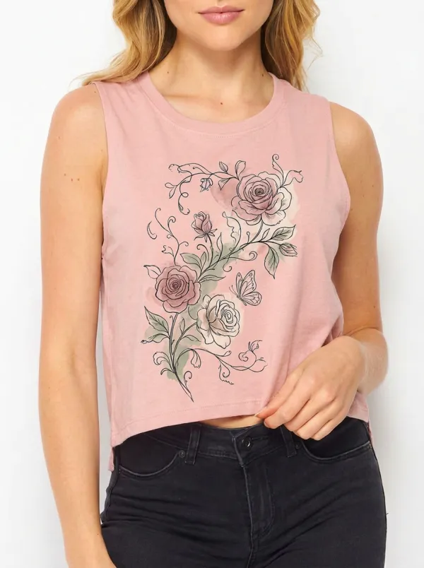 Women's Floral Lover Rose Butterfly Watercolor Printed Crop Tank Top