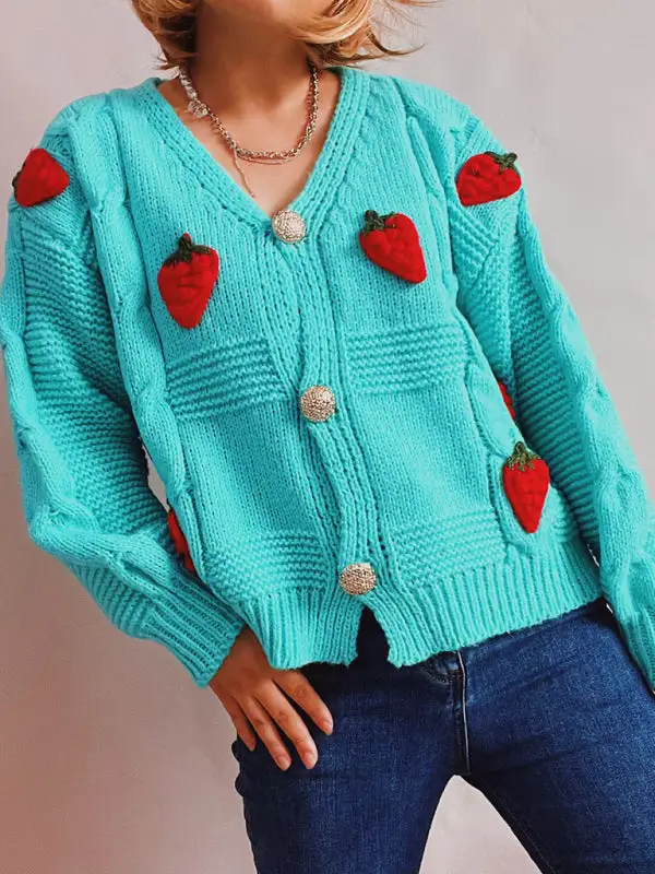 Single-Breasted Relaxed Knit Embroidered Cardigan