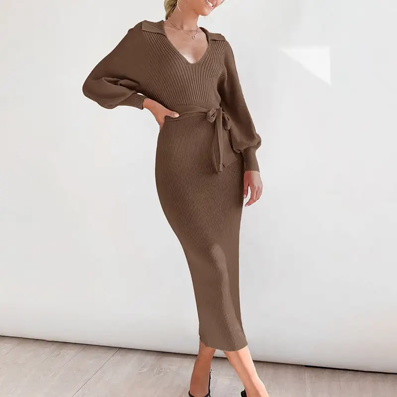 Women's V-Neck Sleeveless Knit Belted Dress