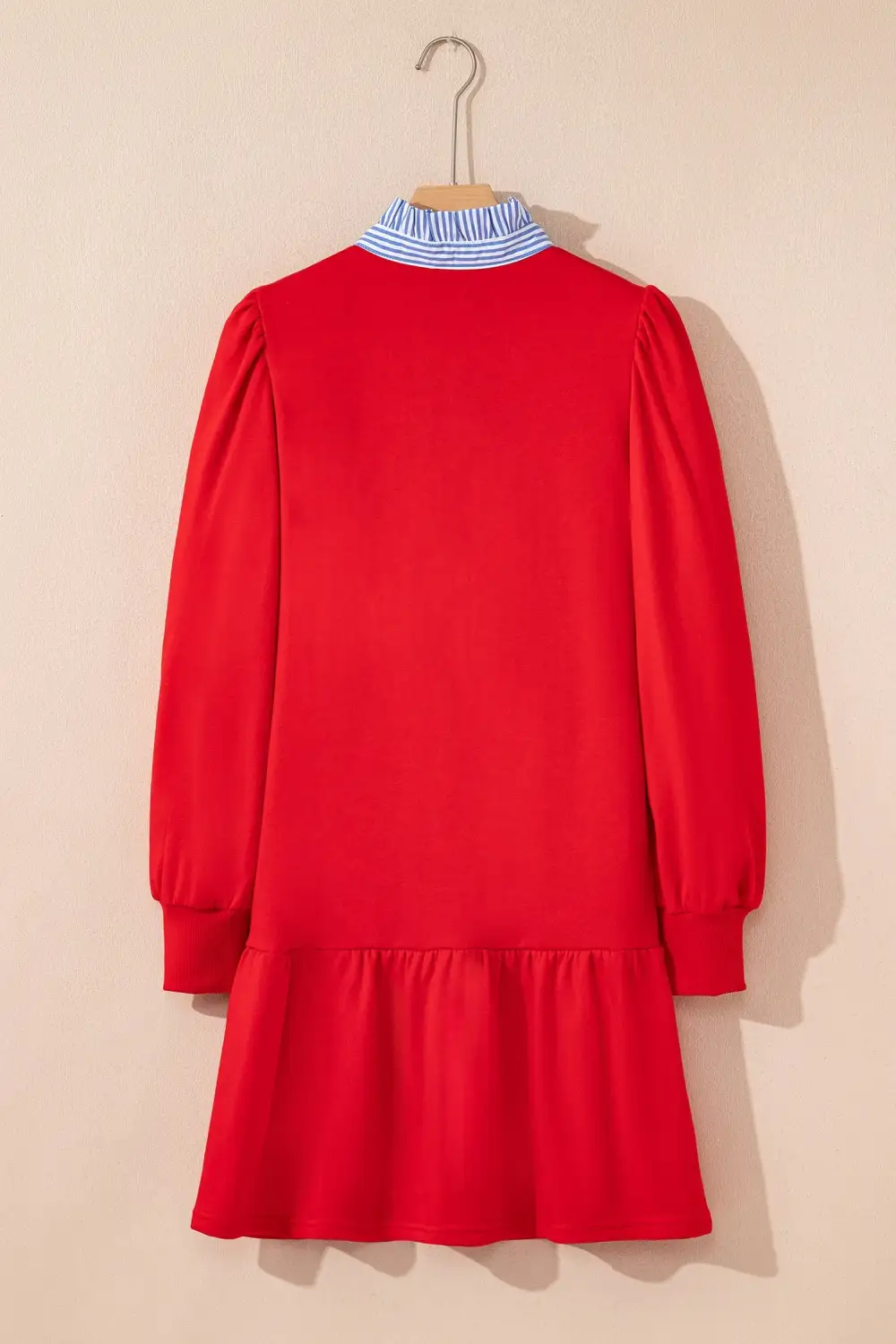 Fiery Contrast Striped Collar Patchwork Puff Sleeve Ruffle Hem Mini Dress