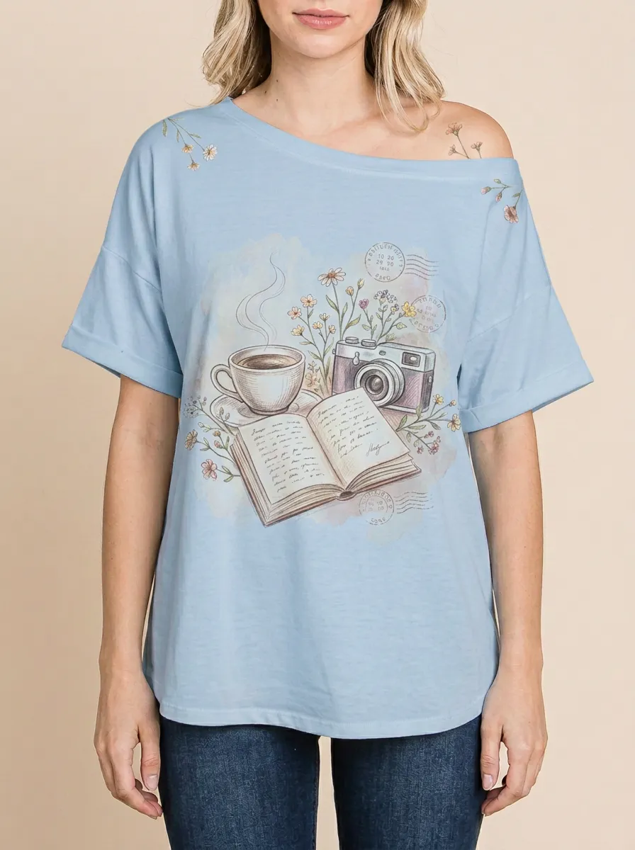Women's Coffee Book Camera Floral Printed T-shirt