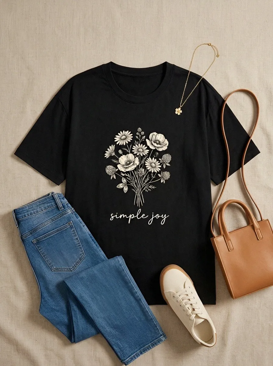 Women's Simple Joy Wildflower Bouquet Printed T-shirt