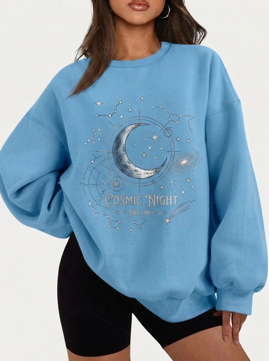 Women's Celestial Lover Cosmic Night Moon Stars Printed T-shirt