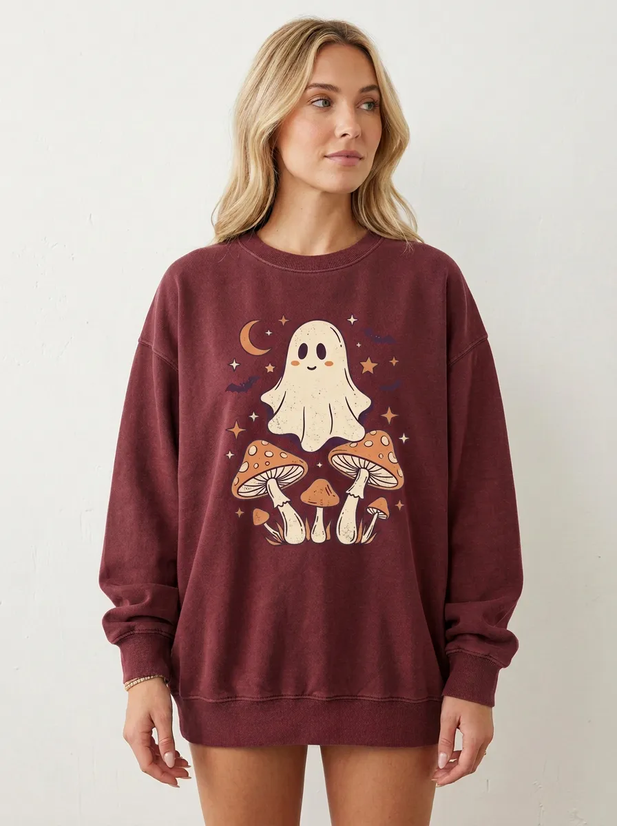 Women's Halloween Ghost Mushroom Stars Printed Sweatshirt