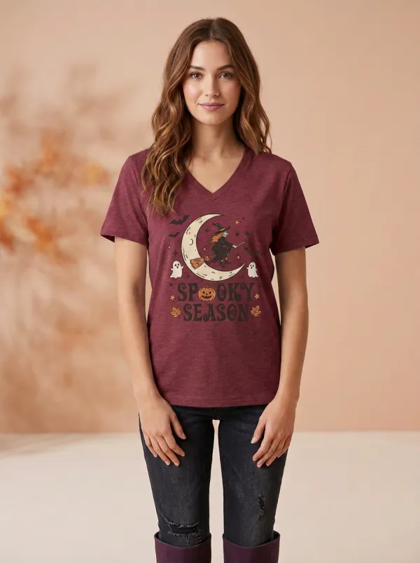Women's Halloween Spooky Season Witch Moon Printed V-neck T-shirt