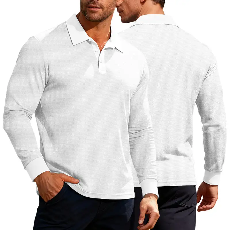 Waffle Texture Button Placket Long Sleeve Slim Fit Polo Shirt
