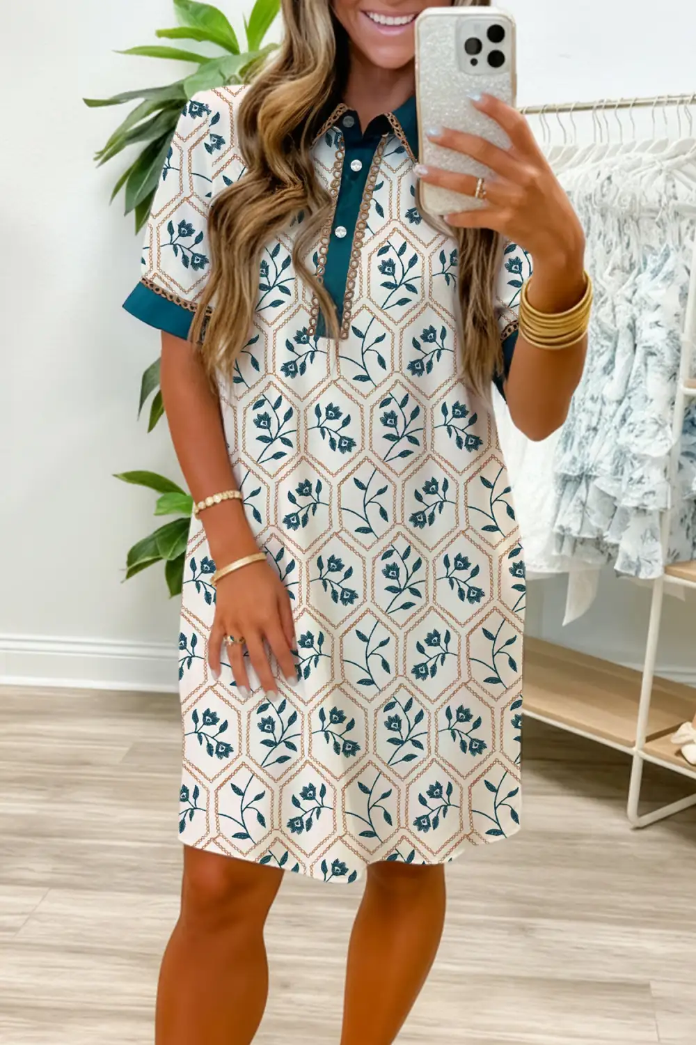 Geometric Floral Print Lace Trim Collared Short Sleeve Mini Dress Simple